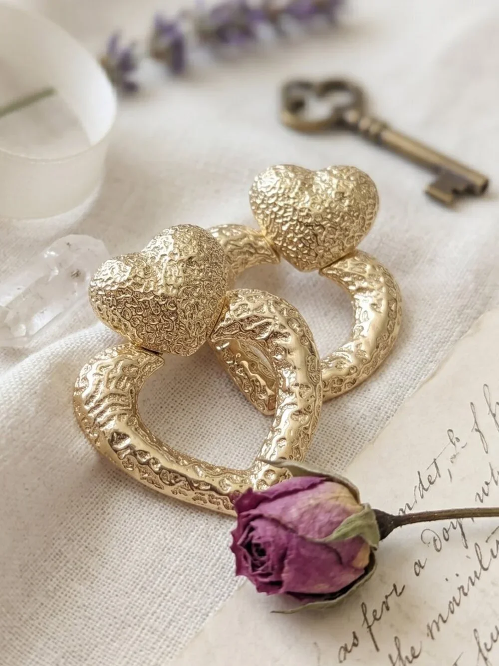 18K Gold Plated SS Coquette Mob Wife Double Heart Hammered Statement Studs 1.9in